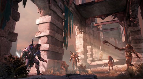 Talion sneaks up on some orces in Shadow of Mordor, one of the best games like Assassin's Creed