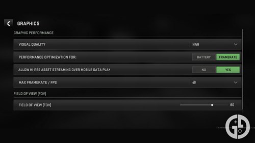 the Warzone Mobile graphics menu