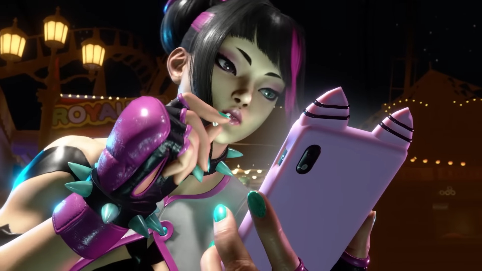 Juri looking at her phone in Street Fighter 6